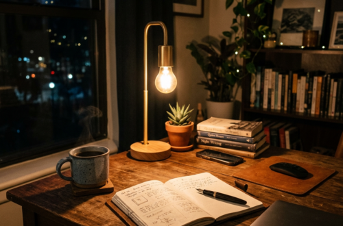 Study desk with open notebook, pen, mug, lamp, books, and laptop