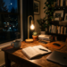 Study desk with open notebook, pen, mug, lamp, books, and laptop